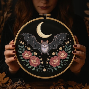 Halloween Bat Moon with Floral Cross Stitch Pattern Moon Bat Fantasy Embroidery Witchy Woodland Halloween gothic Cross Stitch Pattern PDF