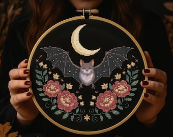 Halloween Bat Moon with Floral Cross Stitch Pattern Moon Bat Fantasy Embroidery Witchy Woodland Halloween gothic Cross Stitch Pattern PDF
