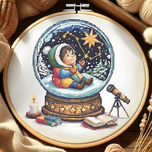 Patrón de punto de cruz de bola de nieve de noche de invierno Patrón de bordado de globo de niña de vacaciones Adorno navideño festivo Punto de cruz navideño PDF