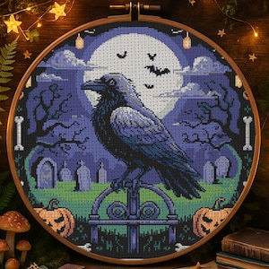 Halloween Gothic Raven Cross Stitch Pattern Gothic Night Sky Bird Halloween Embroidery Spooky Dark Bird Cross Stitch PDF Beginner Stitching