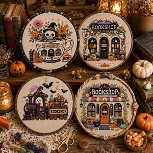 A warm boho orange Etsy listing photo for a 36 Bookshop Cross Stitch Bundle, featuring cozy embroidered bookstore designs displayed inside wooden embroidery hoops. The image has a soft autumn-inspired background with burnt orange, cream, beige, and brown tones, decorated with dried flowers, lace, leaves, vintage paper textures, and handmade craft details. The center text highlights “36 Bookshop Bundle” and “Cross-Stitch Patterns,” making the product clear for buyers who love cozy bookstores,