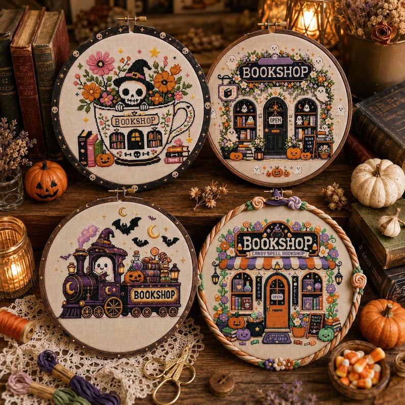 A warm boho orange Etsy listing photo for a 36 Bookshop Cross Stitch Bundle, featuring cozy embroidered bookstore designs displayed inside wooden embroidery hoops. The image has a soft autumn-inspired background with burnt orange, cream, beige, and brown tones, decorated with dried flowers, lace, leaves, vintage paper textures, and handmade craft details. The center text highlights “36 Bookshop Bundle” and “Cross-Stitch Patterns,” making the product clear for buyers who love cozy bookstores,