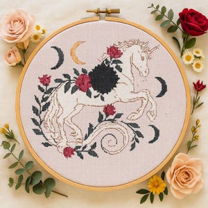 Mystical Floral Unicorn Cross Stitch Pattern, Floral Mythical Creature Embroidery, Fantasy Moon Halloween beginner stitching Pattern PDF