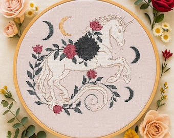 Kreuzstichmuster Einhorn Blumen, Einhorn Fabelwesen Stickerei, Fantasie Mond Halloween Anfänger Stickmuster PDF