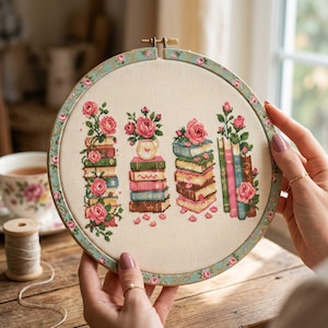 Könnte beinhalten: Ein runder Stickrahmen mit einem Kreuzstichmuster auf cremefarbenem Stoff. Das Design zeigt vier Stapel bunter Bücher, die mit rosa Rosen und grünen Blättern verziert sind. Der Holzrahmen ist mit einem Blumenmuster versehen.