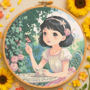 Elegant Girl in Garden with Butterfly and Tea Cup Cross Stitch Pattern Cozy Garden Girl Cross Stitch Pattern Floral Girl Peaceful Embroidery