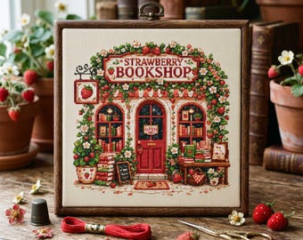 May include: A square cross-stitch embroidery in a dark wood frame depicting a storefront labeled Strawberry Bookshop, featuring red doors, bookshelves, and strawberry vines. The design includes a small hanging sign with a strawberry illustration.