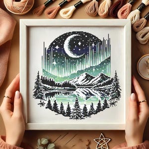 Northern Lights Cross Stitch Pattern, Scenic Mountain Embroidery, Celestial Night Sky Stitch Pattern, Northern Lights, PDF Instant Download