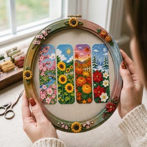 This cross stitch bookmark collection celebrates the beauty of all four seasons through detailed floral and landscape scenes. Spring features blooming cherry blossoms and a peaceful stream, summer showcases vibrant sunflowers beneath a sunny sky, autumn glows with warm golden chrysanthemums and colorful falling leaves, while winter presents elegant poinsettias against a snowy landscape. Together, the designs create a stunning seasonal journey through nature's changing beauty.