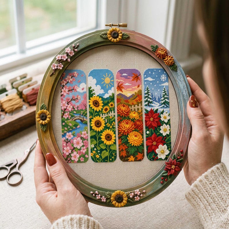 This cross stitch bookmark collection celebrates the beauty of all four seasons through detailed floral and landscape scenes. Spring features blooming cherry blossoms and a peaceful stream, summer showcases vibrant sunflowers beneath a sunny sky, autumn glows with warm golden chrysanthemums and colorful falling leaves, while winter presents elegant poinsettias against a snowy landscape. Together, the designs create a stunning seasonal journey through nature's changing beauty.