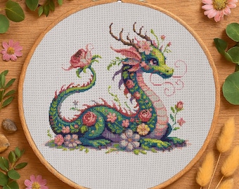Botanical Dragon Cross Stitch Pattern Floral Baby Dragon Embroidery Magical Dragon with Blossoms for Fantasy Nature Lovers Cross Stitch PDF