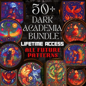 This visual promotes the exclusive benefits of the Entire Shop Bundle, a 500+ cross stitch pattern PDF collection with lifetime access and no subscription. Your purchase unlocks not only current patterns but also every future design added to the shop — up to 80 monthly! From gothic witchy cross stitch to fairycore, animal embroidery, and full coverage scenes, this bundle offers unmatched value. Stored in a secure Google Drive vault, it's a dream library for passionate stitchers.