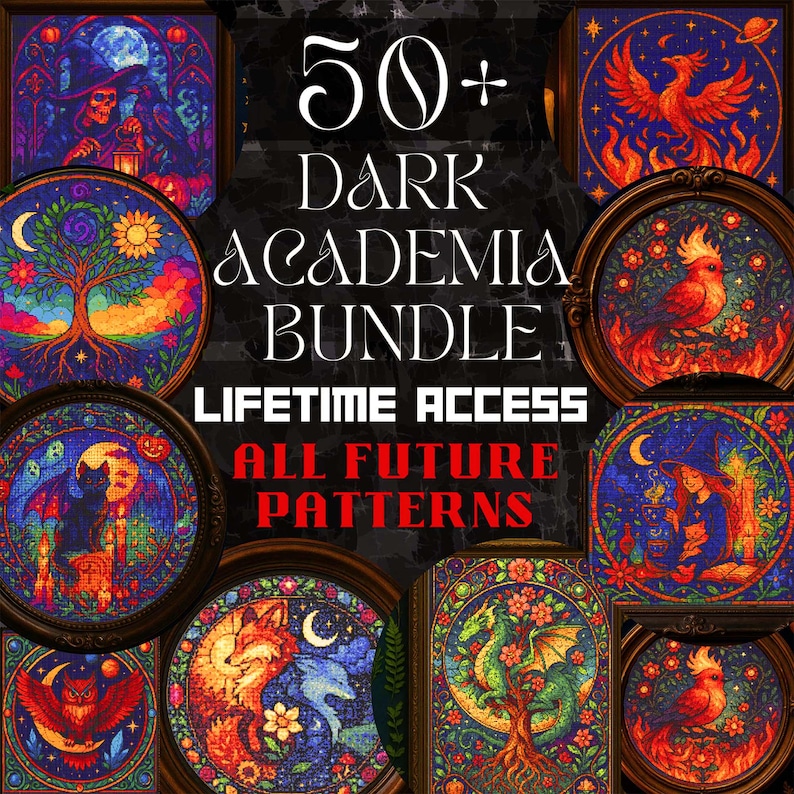 This visual promotes the exclusive benefits of the Entire Shop Bundle, a 500+ cross stitch pattern PDF collection with lifetime access and no subscription. Your purchase unlocks not only current patterns but also every future design added to the shop — up to 80 monthly! From gothic witchy cross stitch to fairycore, animal embroidery, and full coverage scenes, this bundle offers unmatched value. Stored in a secure Google Drive vault, it's a dream library for passionate stitchers.