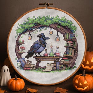 Magical Raven Alchemist Stitch Pattern Gothic Raven in Forest Embroidery Dark Fantasy Bird Witchy Dark Academia Halloween Cross Stitch PDF