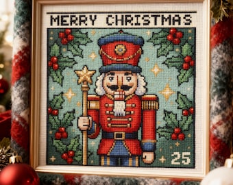 Nussknacker Stempel Kreuzstichmuster: Vintage Weihnachten Stickdatei PDF mit Stechpalmen und Sternen