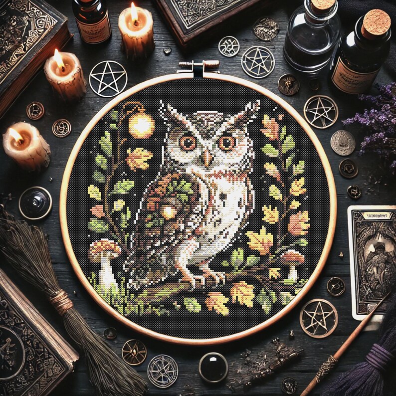 Celebrate the coziness of fall with this Autumn Owl Cross-Stitch Pattern featuring a wise forest owl perched on a branch surrounded by golden leaves, acorns, and glowing mushrooms. Designed at 145 x 145 stitches and using 16 beautiful DMC shades including Cocoa, Mocha, Peach, and Snow White, this pattern is perfect for nature lovers and cozy seasonal decor. Download the PDF instantly and stitch your way into a magical forest scene.