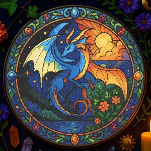 Celestial Dragon Cross Stitch Pattern Magical Day and Night Dragon Stained Glass Embroidery Celestial Garden Dragon Cross Stitch PDF Fantasy