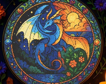Celestial Dragon Cross Stitch Pattern Magical Day and Night Dragon Stained Glass Embroidery Celestial Garden Dragon Cross Stitch PDF Fantasy