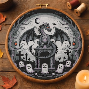 Gothic Cemetery Dragon Cross Stitch Pattern Haunted Graveyard Dragon Embroidery Magical Dragon Fantasy Halloween Lovers Cross Stitch PDF