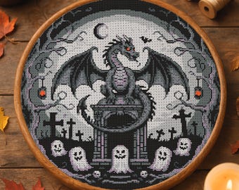 Gothic Cemetery Dragon Cross Stitch Pattern Haunted Graveyard Dragon Embroidery Magical Dragon Fantasy Halloween Lovers Cross Stitch PDF