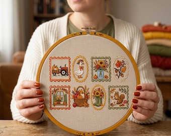 Thanksgiving Cross Stitch Pattern: Harvest Basket Sunflowers Goose Fall Embroidery PDF