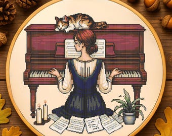Peaceful Girl Playing Piano Cross Stitch Pattern Woman Playing Classical Piano Embroidery  Romantic Cottagecore Cross Stitch For Music Lover