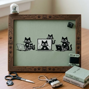 Patrón de punto de cruz de gato programador: gatos programando con portátil, bordado de animales frikis en PDF