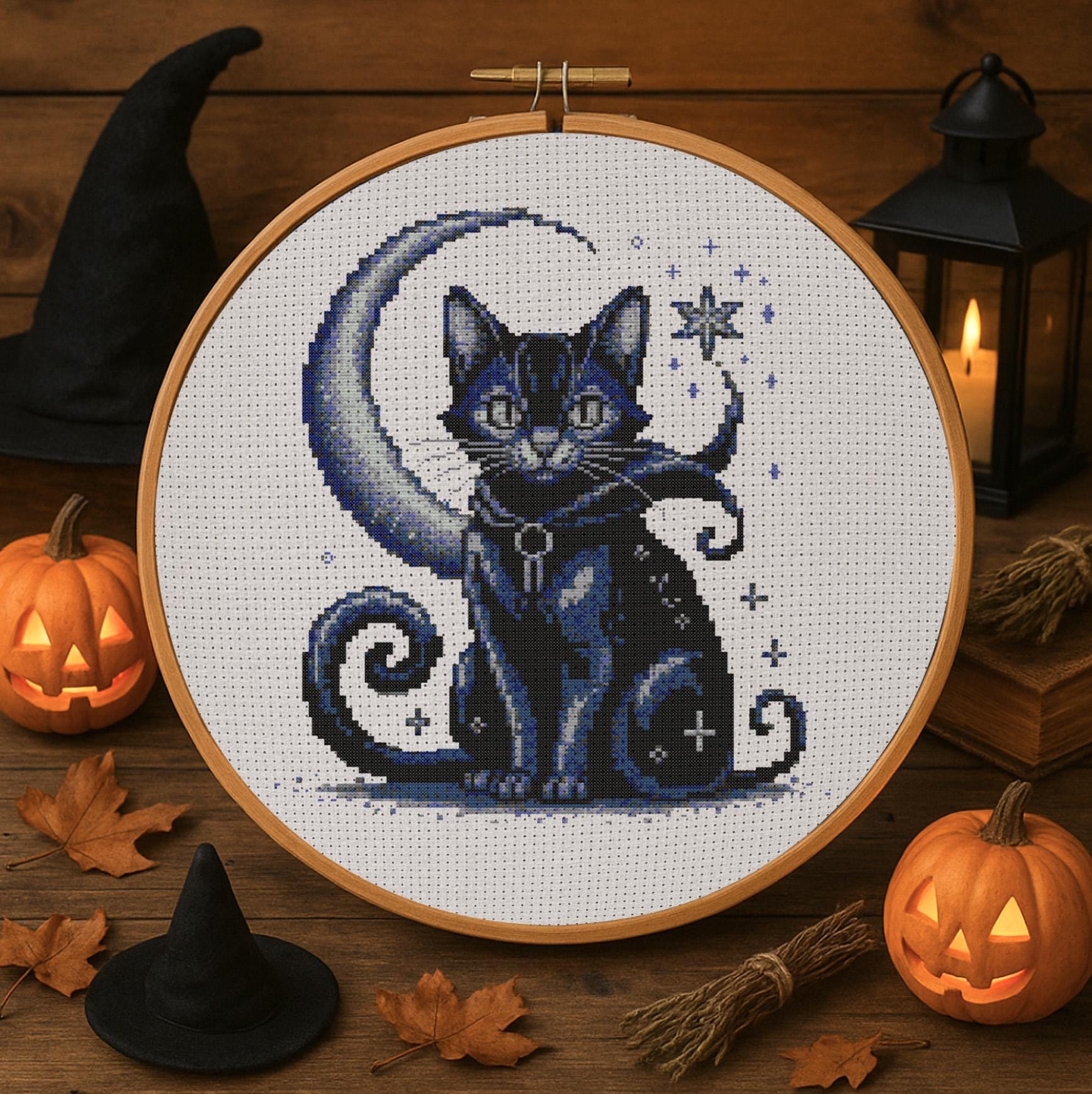 天空の月猫クロスステッチパターン魔女ファンタジー猫刺繍魔法の黒猫