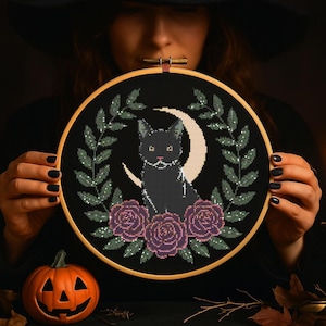 Crescent Moon Cat Floral Cross Stitch Pattern Witchy Cat Fantasy Embroidery Witchy Woodland Halloween spooky gothic Cross Stitch Pattern PDF