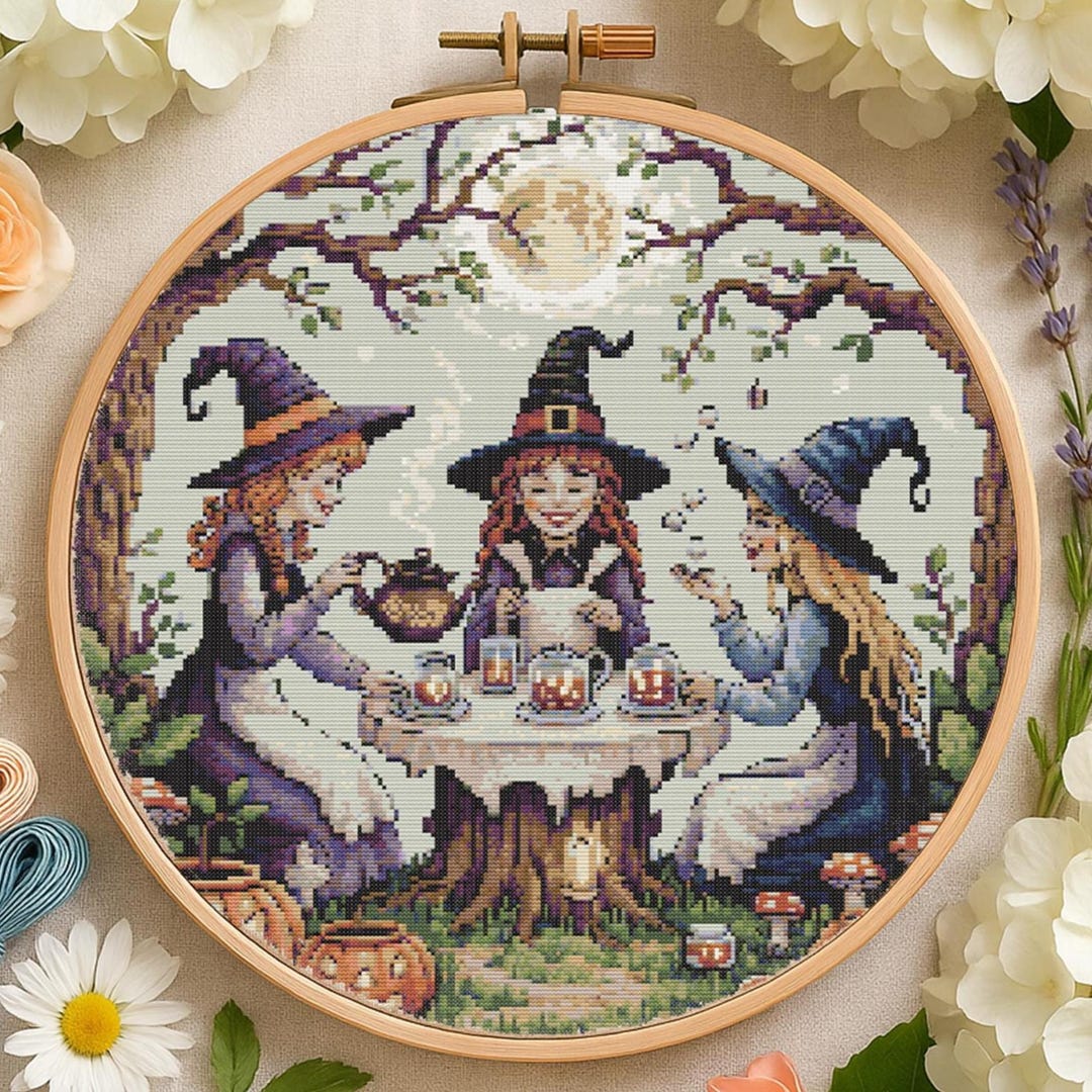 Halloween Witch Tea Party Cross Stitch Pattern Three Witches With ...