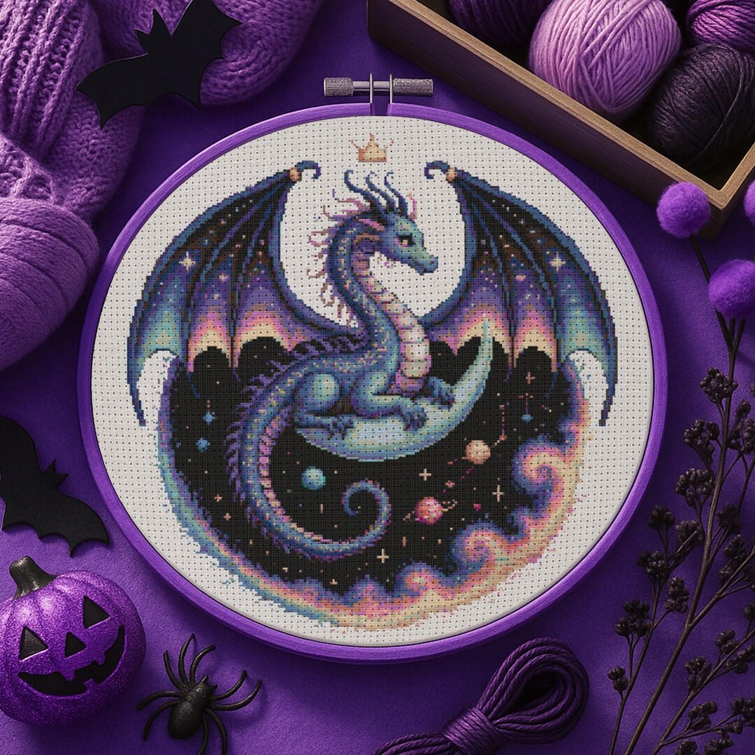 Celestial Galaxy Dragon Cross Stitch Pattern Galaxy Moon Fantasy Dragon ...