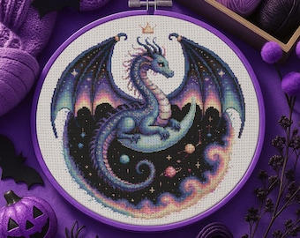 Padrão de ponto cruz de dragão da galáxia celestial, lua da galáxia, fantasia de dragão, bordado, dragão mágico, céu cósmico, ponto cruz de Halloween em PDF