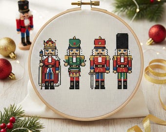 Classic Nutcracker Quartet Cross Stitch Pattern: Christmas Embroidery PDF with King, Drummer, Soldier, and Tall Hat Figures