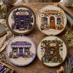A warm boho orange Etsy listing photo for a 36 Bookshop Cross Stitch Bundle, featuring cozy embroidered bookstore designs displayed inside wooden embroidery hoops. The image has a soft autumn-inspired background with burnt orange, cream, beige, and brown tones, decorated with dried flowers, lace, leaves, vintage paper textures, and handmade craft details. The center text highlights “36 Bookshop Bundle” and “Cross-Stitch Patterns,” making the product clear for buyers who love cozy bookstores,