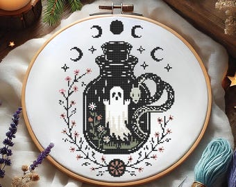Spooky Ghost in a Potion Bottle Cross Stitch Pattern, Gothic Apothecary Embroidery, Witchy Moon Phases & Floral Cross Stitch Halloween