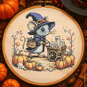 Halloween Witch Mouse Cross Stitch Pattern Magical Cute Mouse Embroidery Pattern Spooky Halloween Pumpkins Cross Stitch PDF Autumn Lovers