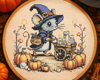 Schema punto croce per topo strega di Halloween, schema ricamo topo magico e carino, zucche spettrali di Halloween, punto croce PDF, amanti dell'autunno