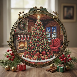 Puede incluir: Una escena navideña de punto de cruz en un marco decorativo de bronce. La escena representa un árbol de Navidad decorado, una chimenea y regalos. El marco está adornado con figuras de ciervos y volutas decorativas. Bayas rojas, agujas de pino y adornos rodean el marco.