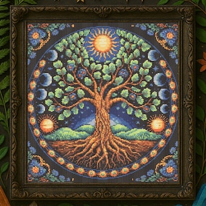 Moon Phases Tree Cross Stitch Pattern Cosmic Tree of Life Stained Glass Embroidery Fantasy Celestial Tree Surrounded Garden Cross Stitch PDF