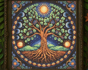 Moon Phases Tree Cross Stitch Pattern Cosmic Tree of Life Stained Glass Embroidery Fantasy Celestial Tree Surrounded Garden Cross Stitch PDF
