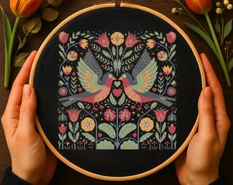 Patrón de punto de cruz de pájaros del amor de arte popular, pájaro elegante, bordado popular floral, costura cottagecore, patrón de punto de pájaro cantor botánico