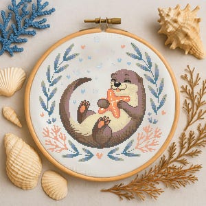 Kawaii Otter und Seestern Kreuzstichmuster, Seeotter mit Seestern Stickerei Ocean Life Floral Handarbeiten Anfänger Stickmuster