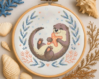 Kawaii Otter and Starfish Cross Stitch Pattern, Sea Otter with Starfish Embroidery Ocean Life Floral Needlework Beginner Stitching Pattern