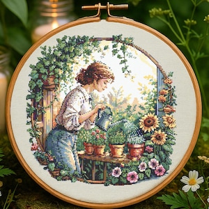 Balcony Gardener Girl With Flowers Cross Stitch Pattern Cozy Garden Girl Cross Stitch Pattern Woman Watering Peaceful moment Cross Stitch