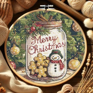 Patrón de punto de cruz para tarro de Navidad, muñeco de nieve navideño, galletas de jengibre, punto de cruz navideño para principiantes