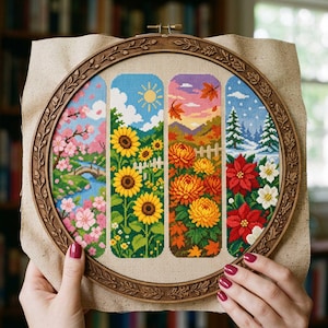 This cross stitch bookmark collection celebrates the beauty of all four seasons through detailed floral and landscape scenes. Spring features blooming cherry blossoms and a peaceful stream, summer showcases vibrant sunflowers beneath a sunny sky, autumn glows with warm golden chrysanthemums and colorful falling leaves, while winter presents elegant poinsettias against a snowy landscape. Together, the designs create a stunning seasonal journey through nature's changing beauty.