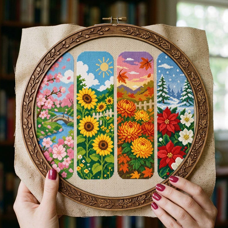 This cross stitch bookmark collection celebrates the beauty of all four seasons through detailed floral and landscape scenes. Spring features blooming cherry blossoms and a peaceful stream, summer showcases vibrant sunflowers beneath a sunny sky, autumn glows with warm golden chrysanthemums and colorful falling leaves, while winter presents elegant poinsettias against a snowy landscape. Together, the designs create a stunning seasonal journey through nature's changing beauty.