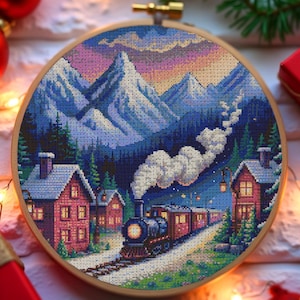 Weihnachten Winter Zug Kreuzstichmuster Gemütlicher Weihnachtszug Stickmuster Schneebedecktes Dorf Weihnachtszug Urlaub Kreuzstich PDF