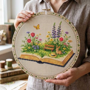 Spring Garden Cross Stitch Pattern: Open Book Flowers Bunny Bench Embroidery PDF