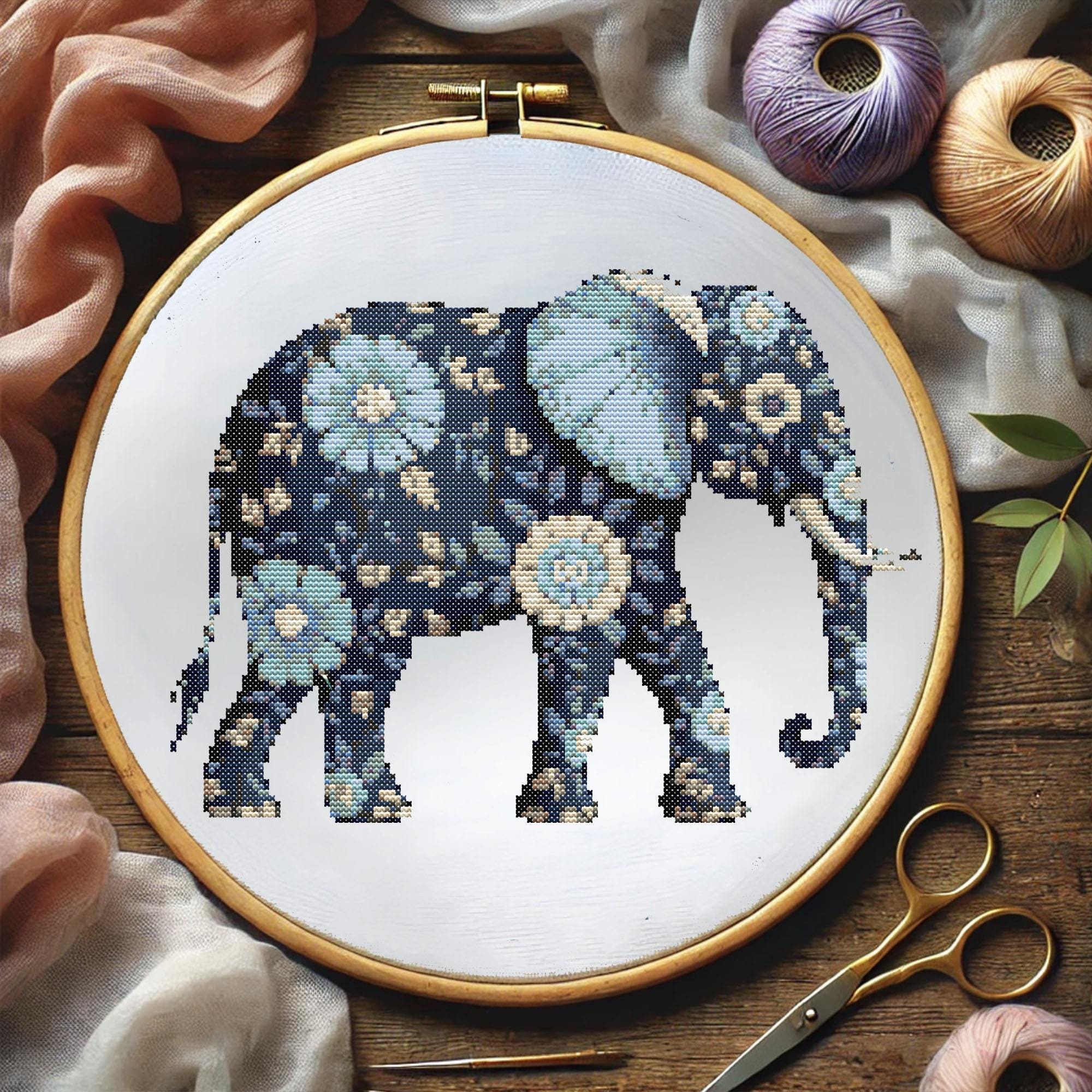 Botanical Floral Elephant Cross Stitch Pattern Floral Blue Elephant ...